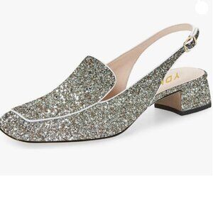 YDN Women Closed Square Toe Block Low Heels Slingback Formal Loafer Silver